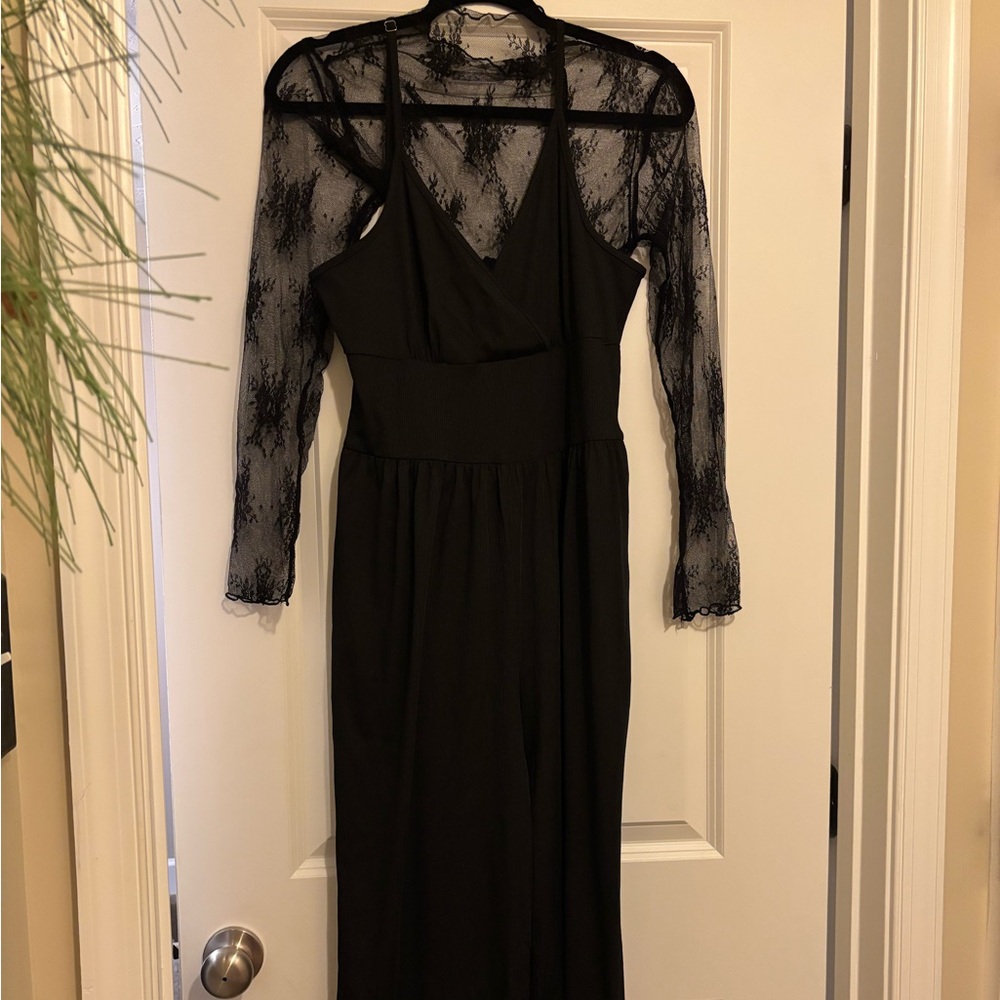 Brand New Black Jumpsuit w/Midriff Lace Long Sleeve Top - Size Large